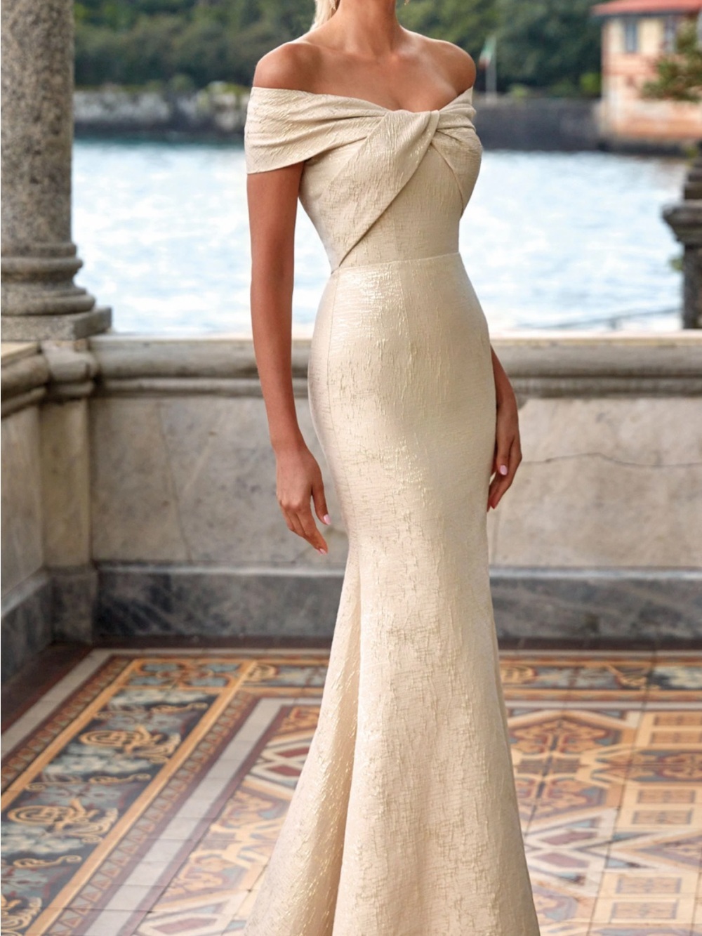 Alyce Paris Off-the-Shoulder Cream Evening Gown